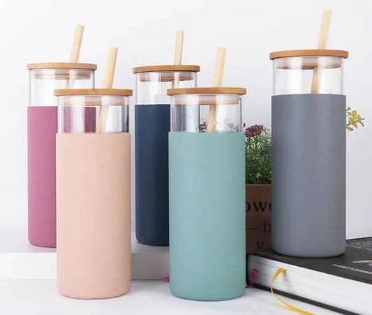 Glass Tumbler w/ silicone sleeve, bamboo lid & straw